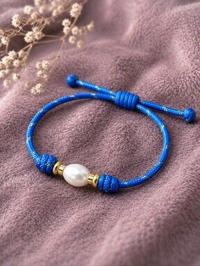 NWOT Blue Braided Paracord Bracelet w/ Baroque Pearl & Gold-Tone Beads CC